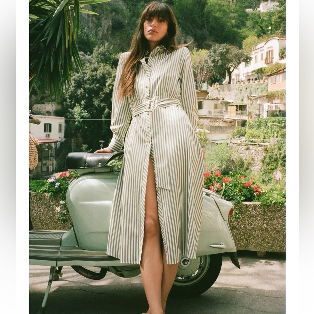 Zara Striped Midi Shirt Dress in Light Green and White